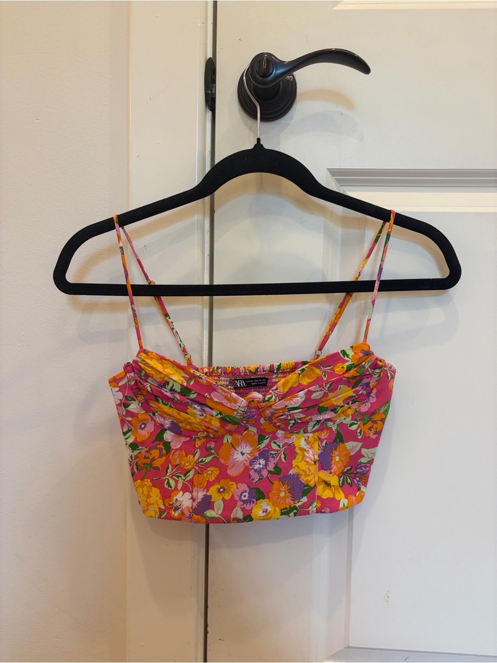 ZARA Pink Floral Cropped Cami with Yellow Accents